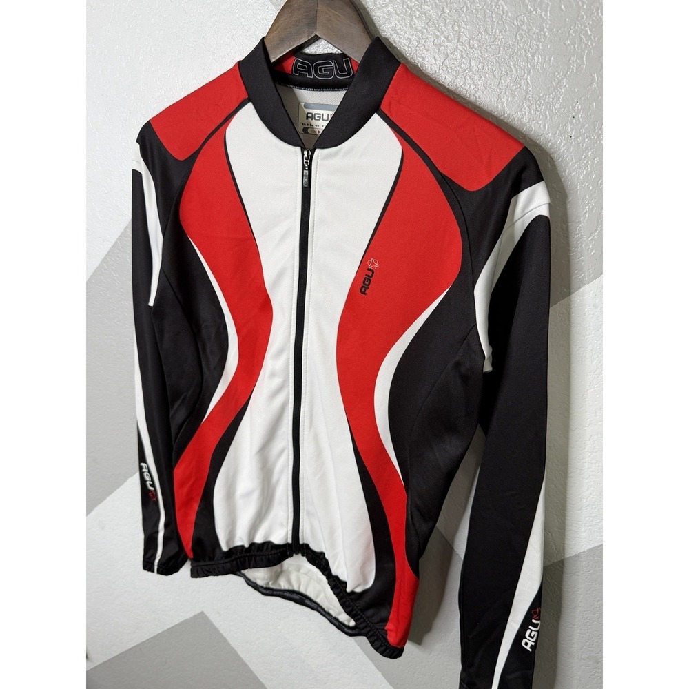 AGU Men Red Black White Cycling Jersey Long Sleeve Full Zip Osero Size S - Picture 3 of 11
